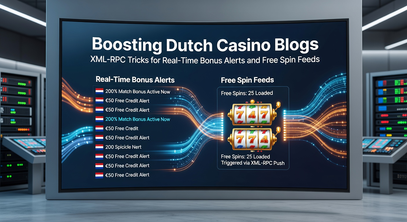 Schermafbeelding van een WordPress dashboard met XML-RPC integratie voor casino bonus feeds, toonend real-time updates van free spins en promoties op Nederlandse sites