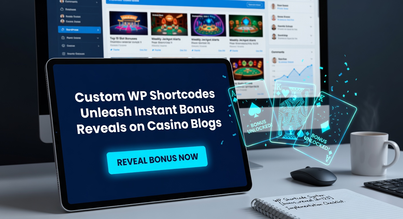 Voorbeeld van een custom WP shortcode die een live bonus reveal toont op een casino blog, met dynamische free spins en no-deposit aanbiedingen
