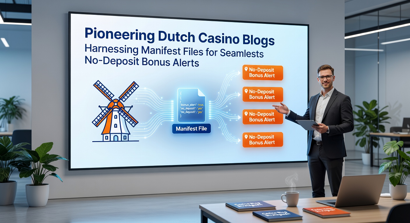 Voorbeeld van een manifest.json configuratie op een Nederlands casino blog, met push notificatie voor een nieuwe no-deposit bonus