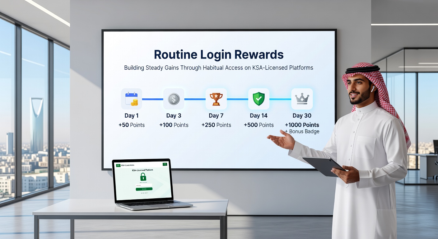 Speler logt dagelijks in op een KSA-gelicenseerd casino platform en ontvangt login rewards zoals free spins en bonuscredits