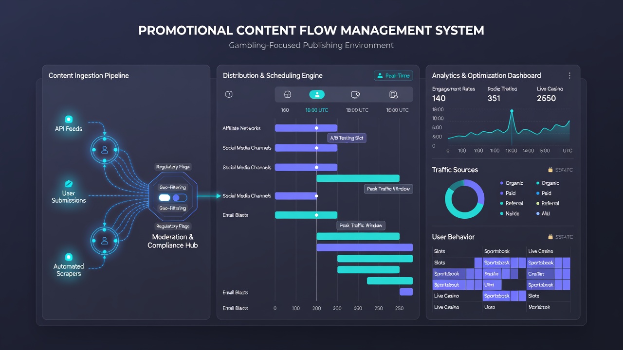 Diagram van contentpijplijnen en automatisering in gokmedia